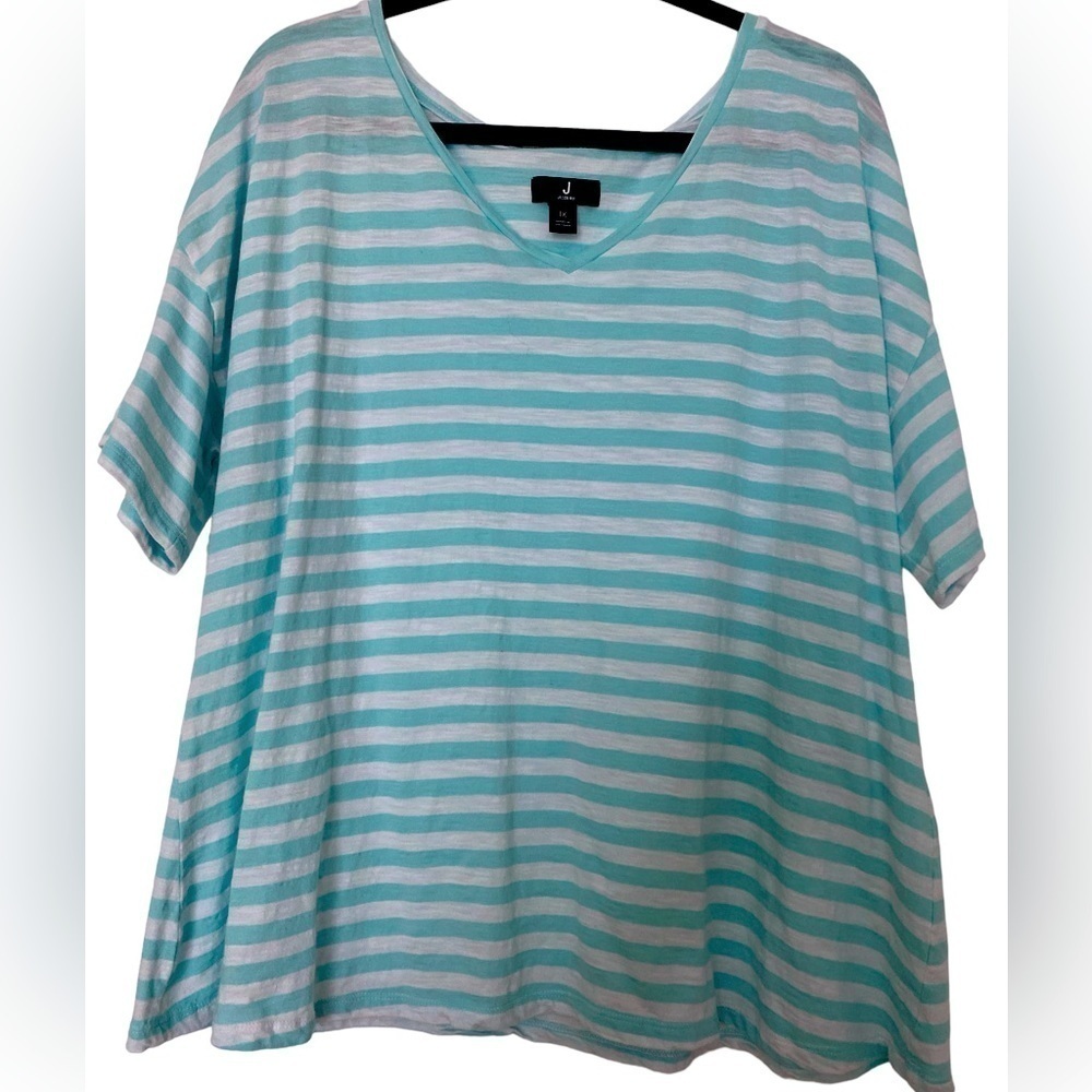 Jason Wu Tshirt, teal and white striped, size 1X, 100% cotton, Coastal.